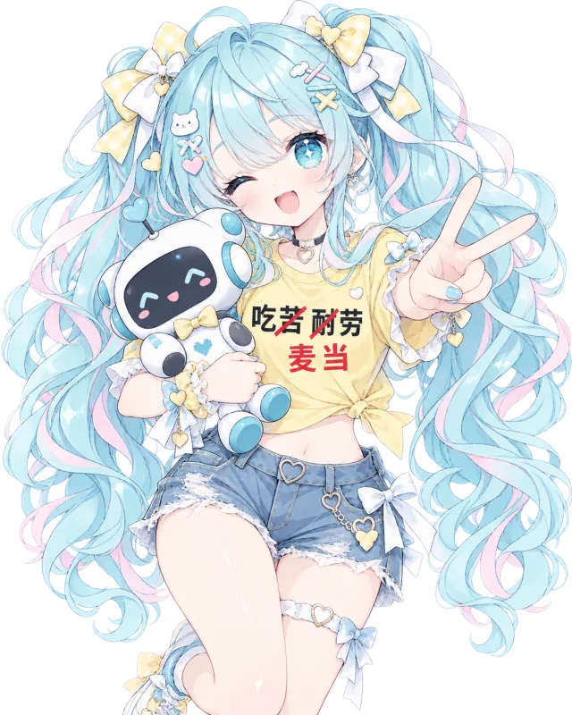 Husky 角色抱着机器人，微笑比耶